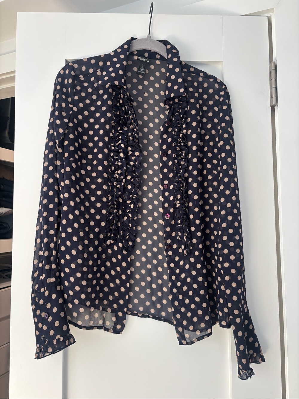 Vivienne Tam Black Blouse with Cream Polka Dots and Ruffle Front
